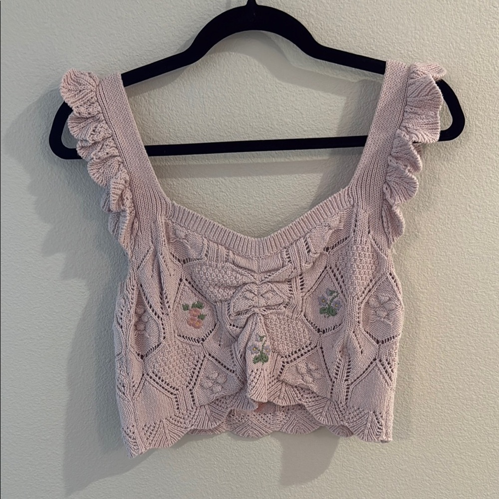 Zara Pink Ruffled KnitCropped Tank Top